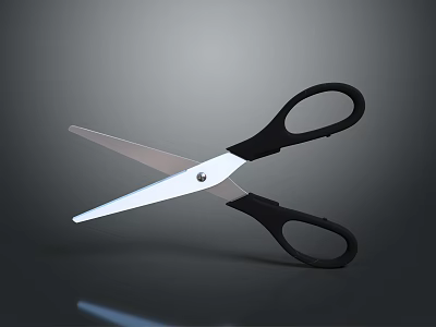 Sharp Open Scissors With Black Handles And Silver Blades On Gray Background 3d model