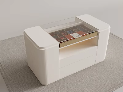White Display Cabinet with Glass Top Interior Magazines and Drawer Storage on Carpeted Floor 3d model