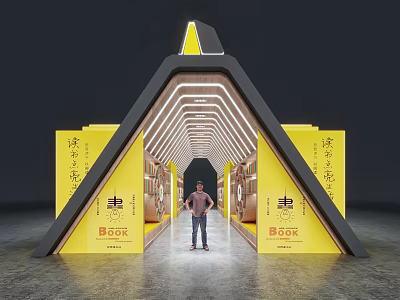 Modern Triangular Exhibition Space With Yellow Walls Chinese Signage And Display Shelves 3d model