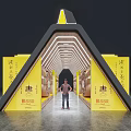 Modern Triangular Exhibition Space With Yellow Walls Chinese Signage And Display Shelves