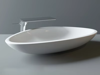 White Oval Countertop Wash Basin With Modern Silver Faucet And Sleek Design 3d model