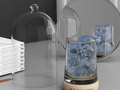Perfume Cosmetics Display Featuring Transparent Glass Cloche Blue Ice Cubes Wooden Base and Open Book 3d model