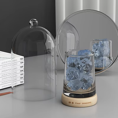 Perfume Cosmetics Display Featuring Transparent Glass Cloche Blue Ice Cubes Wooden Base and Open Book 3d model