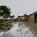 Traditional Country Courtyard With Yellow House Gray Roof Lush Garden Plants Trees And Stone Path