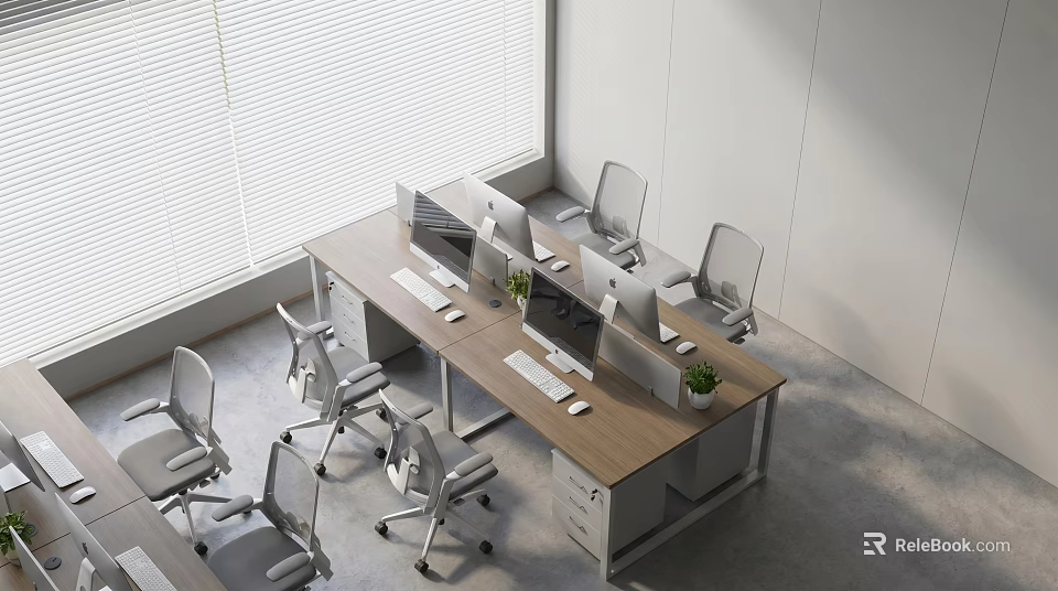 Modern Office Desk with Multiple Monitors Chairs and Potted Plants in Bright Room with Blinds 3d model 