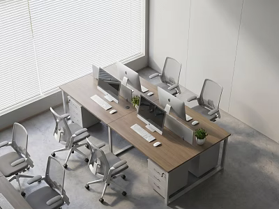 Modern Office Desk with Multiple Monitors Chairs and Potted Plants in Bright Room with Blinds 3d model