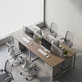 Modern Office Desk with Multiple Monitors Chairs and Potted Plants in Bright Room with Blinds