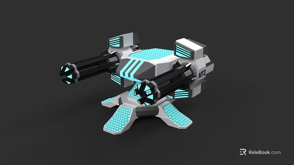 Futuristic Double Barrel Weapon With Blue Glowing Elements And Silver Black Base 3d model