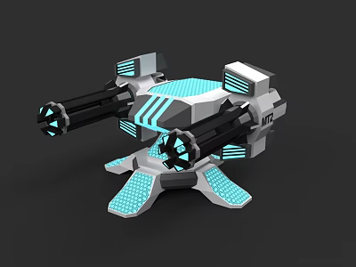 Futuristic Double Barrel Weapon With Blue Glowing Elements And Silver Black Base 3d model