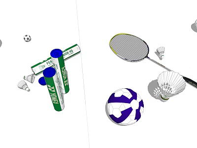 Essential Sports Equipment Including Badminton Racket Shuttlecocks Beach Ball Soccer Ball And Energy Bars 3d model