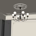 Classic Chandelier With Spherical White Shades Black Metal Frame And Ornate Ceiling Decor
