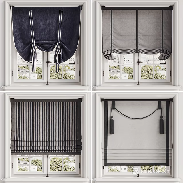 Stylish Roman Blinds With Various Styles Striped Patterns And Tassel Details For Window Decor 3d model 