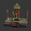 Vintage Red Fire Hydrant With Rusty Poles On Stone Paved Surface And Drain Grate
