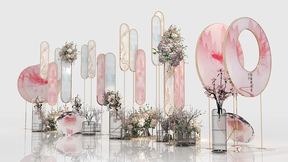 Elegant Check in Photo Spot With Pink Floral Decorations And Geometric Shapes 3d model 