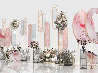 Elegant Check in Photo Spot With Pink Floral Decorations And Geometric Shapes 3d model