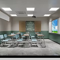 Modern School Classroom Interior With Chalkboard Desks Chairs Projector Whiteboard And Lighting