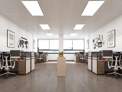 Modern Public Office Interior With Workstations Ergonomic Chairs Computers Ceiling Lights And Decorative Posters 3d model