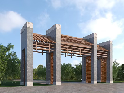 Traditional Chinese Archway Entrance With Stone Pillars Wooden Roof And Green Trees 3d model