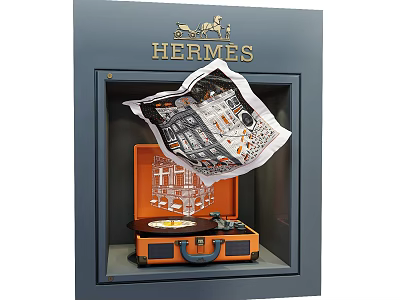 HERMES Window Display With Orange Suitcase Vinyl Record Player And Silk Scarf 3d model