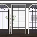 Modern Interior Partition Design with Arched Metal Frames Glass Grids and Decorative Plants