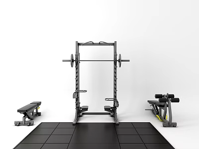 Home Gym Sports Equipment Power Rack Barbell Dumbbells and Workout Bench on Black Mats 3d model
