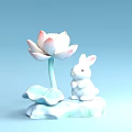 White Rabbit And Pink White Lotus Sculpture On Stone Base With Light Blue Background