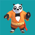 Animated Panda Game Movie Character in Orange Outfit Doing Martial Arts Pose on Blue Background