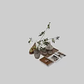 Decorative Ornament Set With Vase Green Branches Apples Wooden Tray White Teapot And Books
