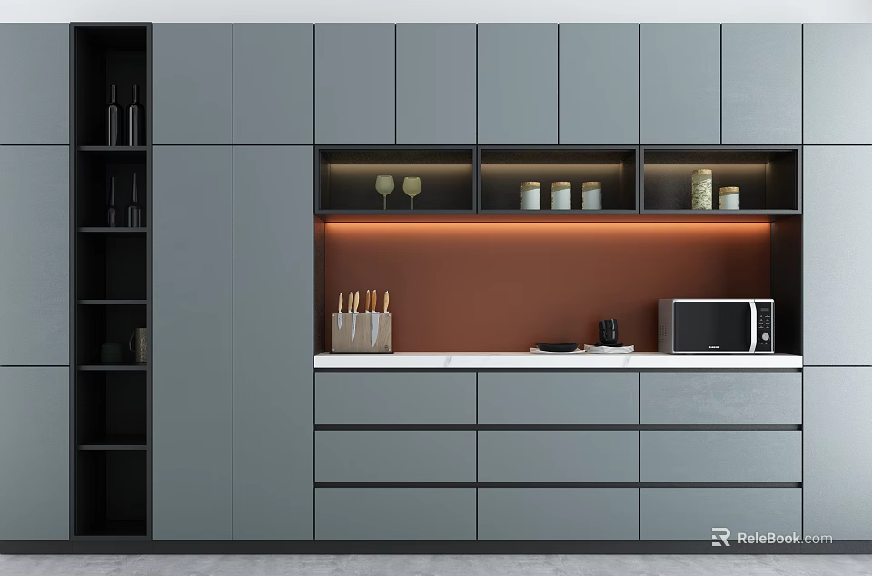Stylish Gray Sideboard with Orange Backboard LED Lights Wine Glasses Jars Countertop Wine Bottles Microwave 3d model 