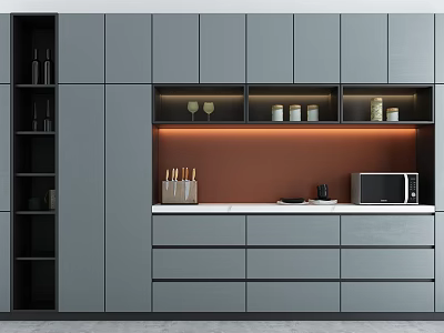 Stylish Gray Sideboard with Orange Backboard LED Lights Wine Glasses Jars Countertop Wine Bottles Microwave 3d model