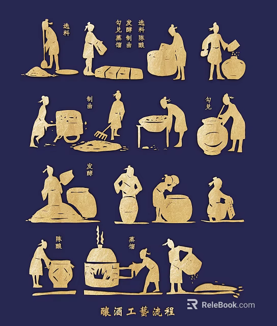 Traditional Wine Brewing Silhouettes of Ancient Figures in Various Process Steps 3d model 