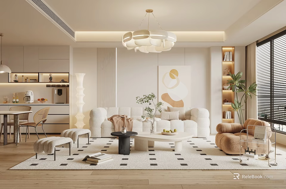 Modern Living Room Interior With White Sofa Round Coffee Table Geometric Rug And Pendant Light 3d model 