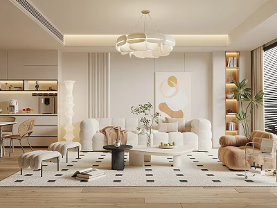 Modern Living Room Interior With White Sofa Round Coffee Table Geometric Rug And Pendant Light 3d model