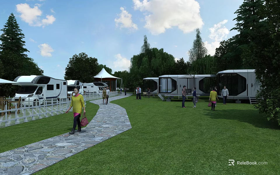 Scenic Garden Landscape Featuring RVs Green Lawn Stone Path Trees and People 3d model 