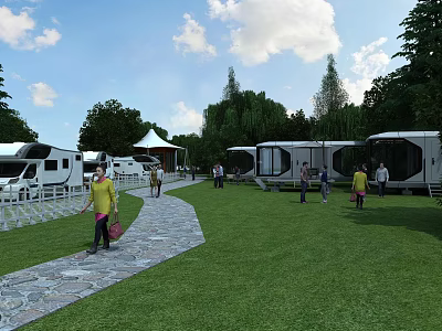 Scenic Garden Landscape Featuring RVs Green Lawn Stone Path Trees and People 3d model