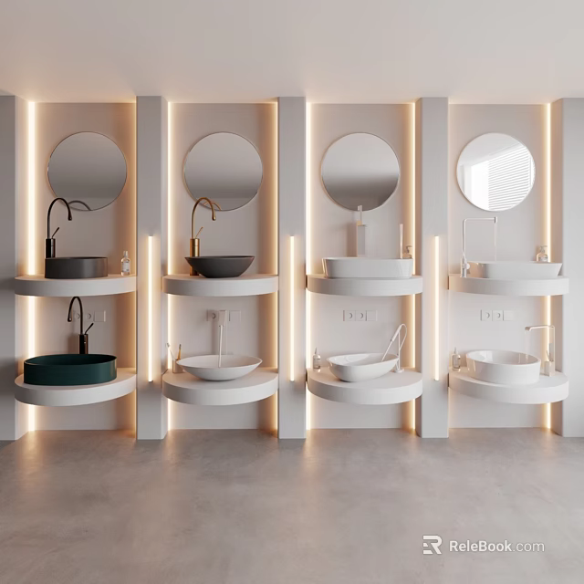 Multiple Modern Washbasins with Circular Mirrors Recessed Lighting White Walls and Gray Flooring 3d model 