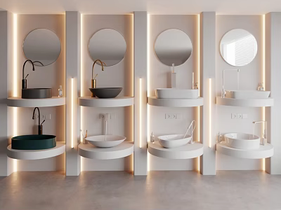 Multiple Modern Washbasins with Circular Mirrors Recessed Lighting White Walls and Gray Flooring 3d model