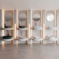 Multiple Modern Washbasins with Circular Mirrors Recessed Lighting White Walls and Gray Flooring