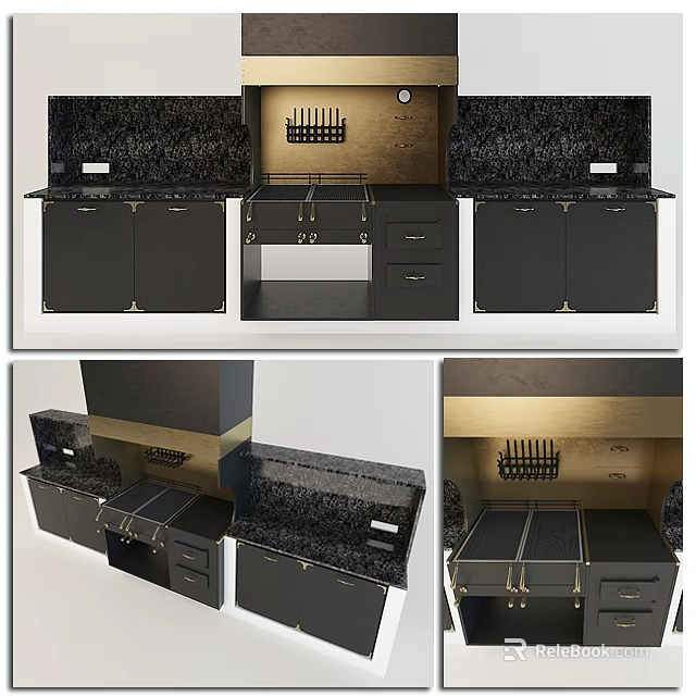 Modern Black Kitchen Cabinets With Gold Hardware Dark Countertops And Drawer Storage 3d model 