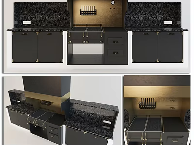 Modern Black Kitchen Cabinets With Gold Hardware Dark Countertops And Drawer Storage 3d model
