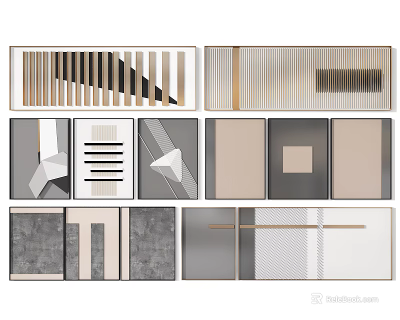 Multiple Abstract Geometric Wall Art With Stripes And Neutral Tones Framed Decorations 3d model
