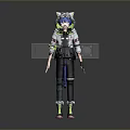 Stylish Game Anime Character With Blue Hair Cat Ear Hat Gray Coat And Pink Shoes
