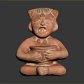 Red Terracotta Seated Figure Sculpture With Carved Facial Details Holding Bowl In Hands