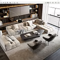 Modern Beige Sofa And Coffee Table Set With Cushions Bookshelves And Floor To Ceiling Windows