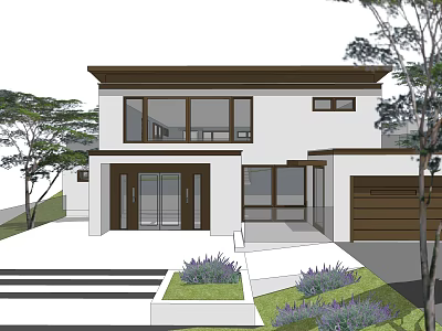 Modern Single Family House With White Exterior Brown Roof Garage Front Steps And Greenery 3d model