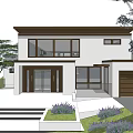 Modern Single Family House With White Exterior Brown Roof Garage Front Steps And Greenery