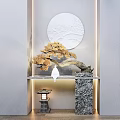 Elegant Console Table Decor With Pine Tree Ornament Circular Relief And Warm Lighting 3d model