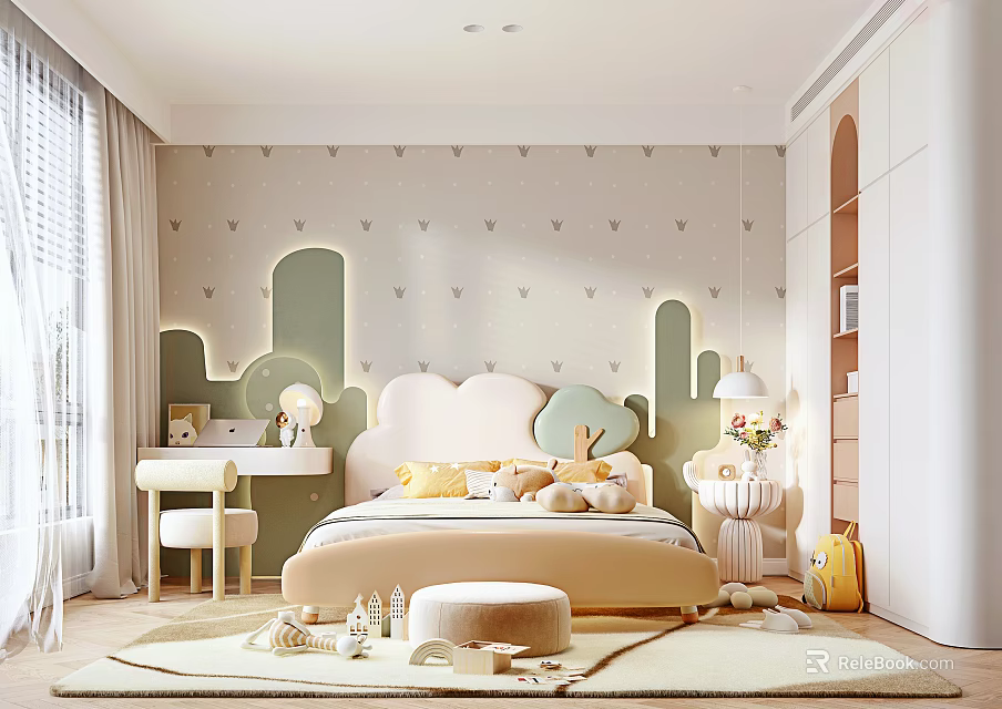 Cozy Kids Room Interior With Cactus Shaped Decor Soft Bed Plush Rug And Wooden Toys 3d model 