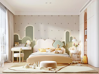 Cozy Kids Room Interior With Cactus Shaped Decor Soft Bed Plush Rug And Wooden Toys 3d model