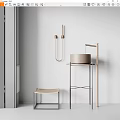 Modern Round Washbasin with Metal Stand and Woven Stool against White Wall in Minimalist Design